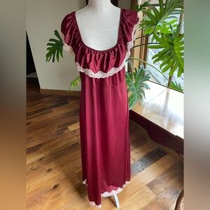 Vintage 70's Burgundy Nightgown with Cream Lace Trim Off the Shoulder size L